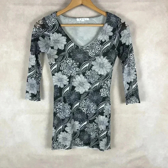 CAbi Classic Vintage Black/White Floral Nylon Mesh Top Size SMALL - Picture 1 of 5